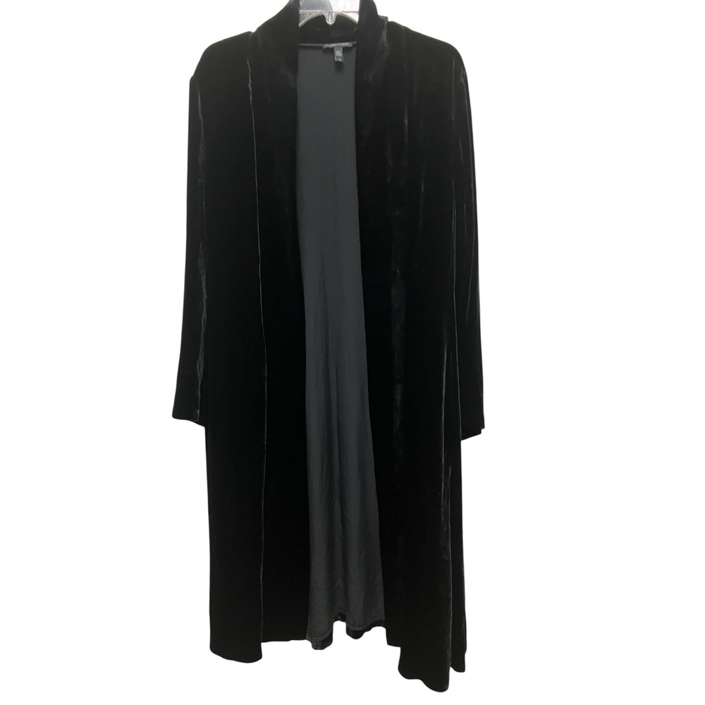 Eileen Fisher Black Velvet Long Open Front Cardigan Duster Halloween Costume L